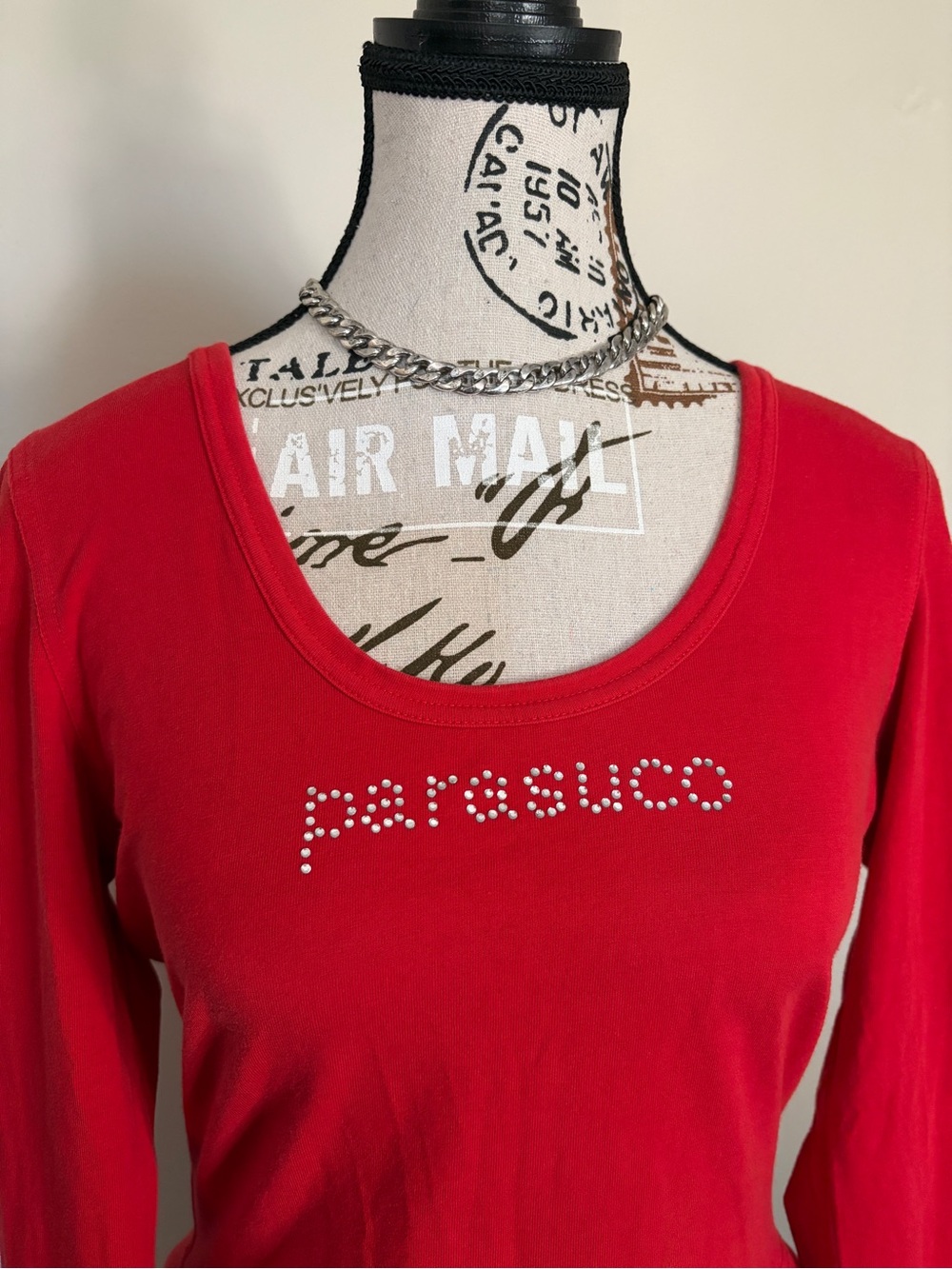 Y2K 2000s Parasuco Blingy Red Rhinestone Long Sleeve Top
